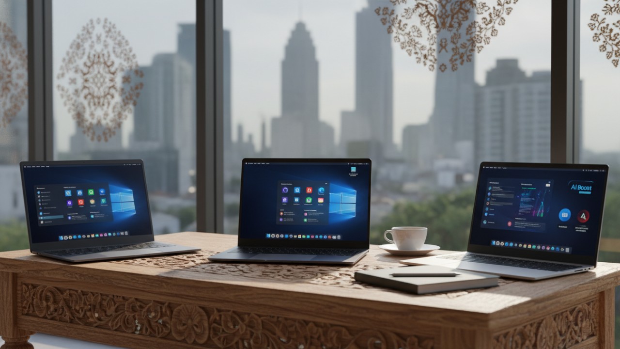 Ilustrasi tiga laptop populer 2026 dengan desain tipis dan modern.
