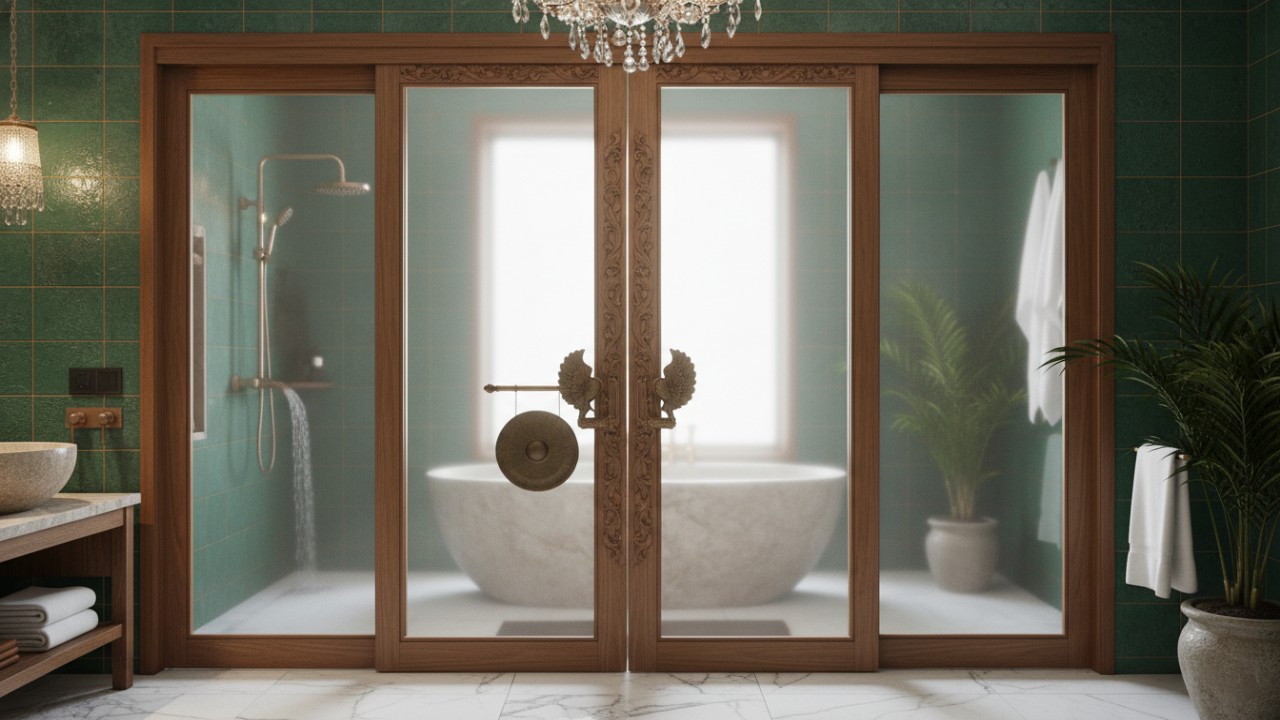 Pintu kamar mandi mewah dengan desain modern dan elegan.