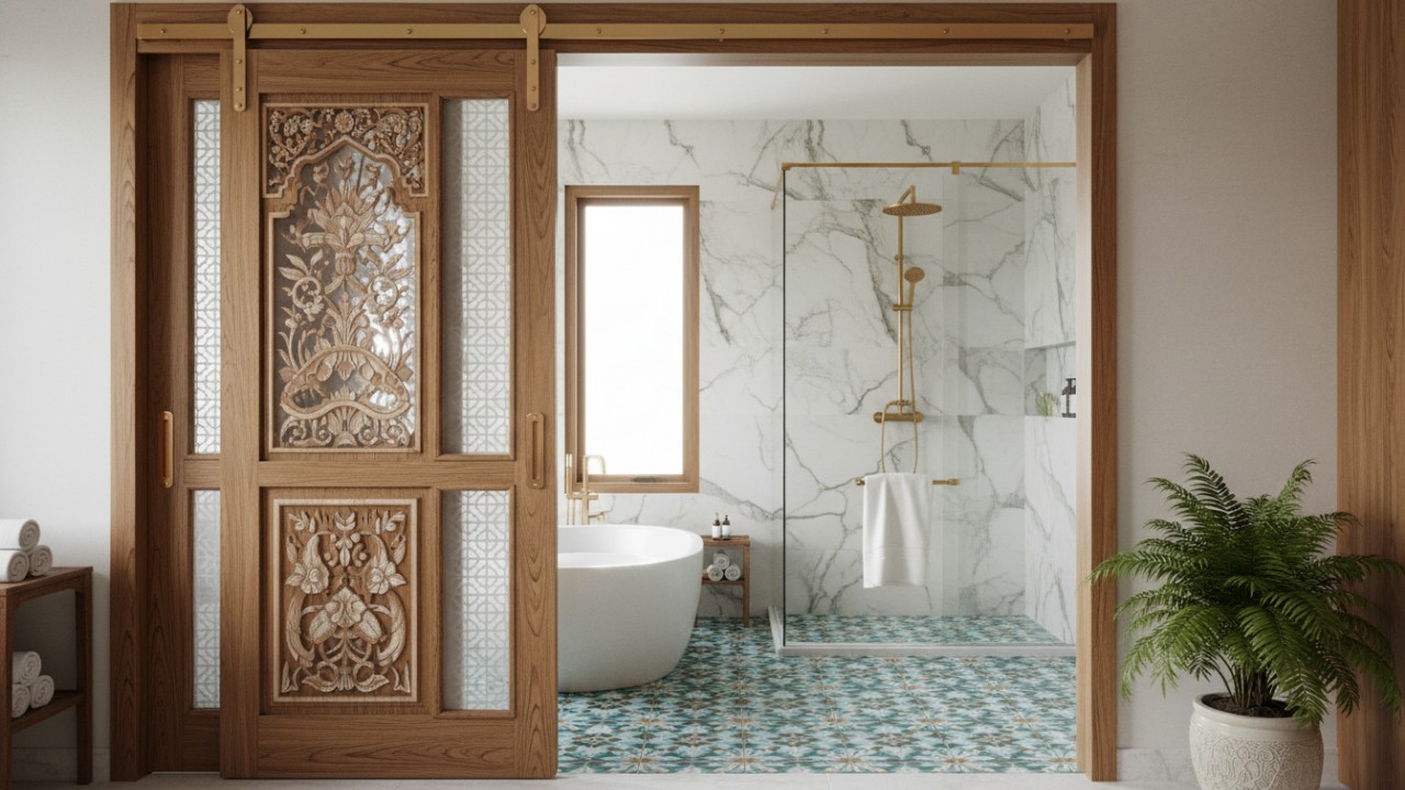 Pintu kayu rustic geser bergaya industrial.