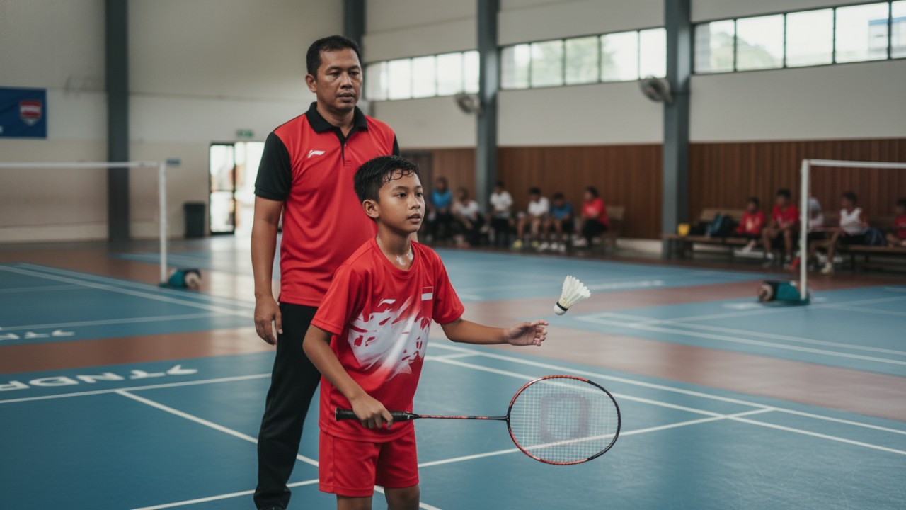 Pemula belajar dasar bermain badminton di lapangan dengan raket dan shuttlecock