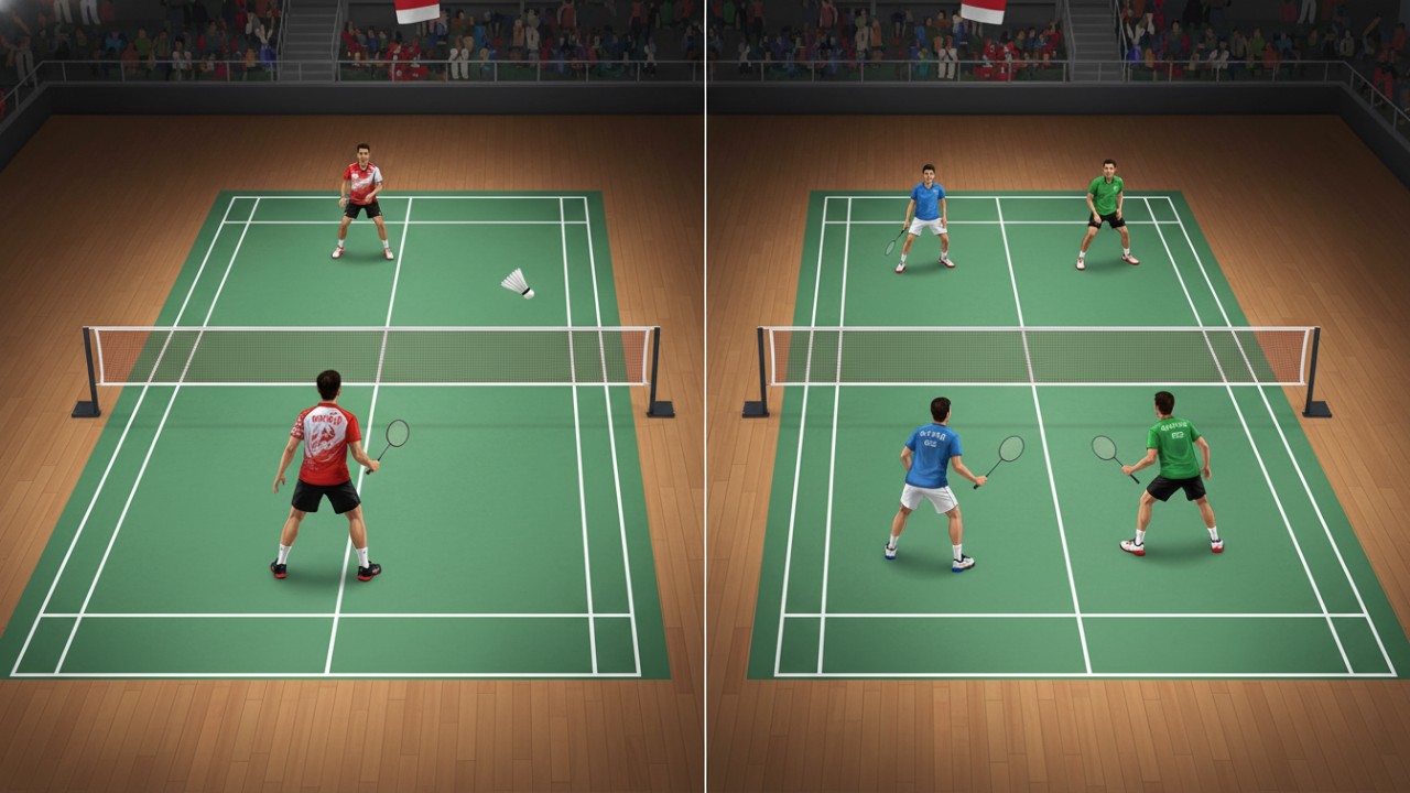 Ilustrasi lapangan badminton tunggal dan ganda untuk pemahaman aturan