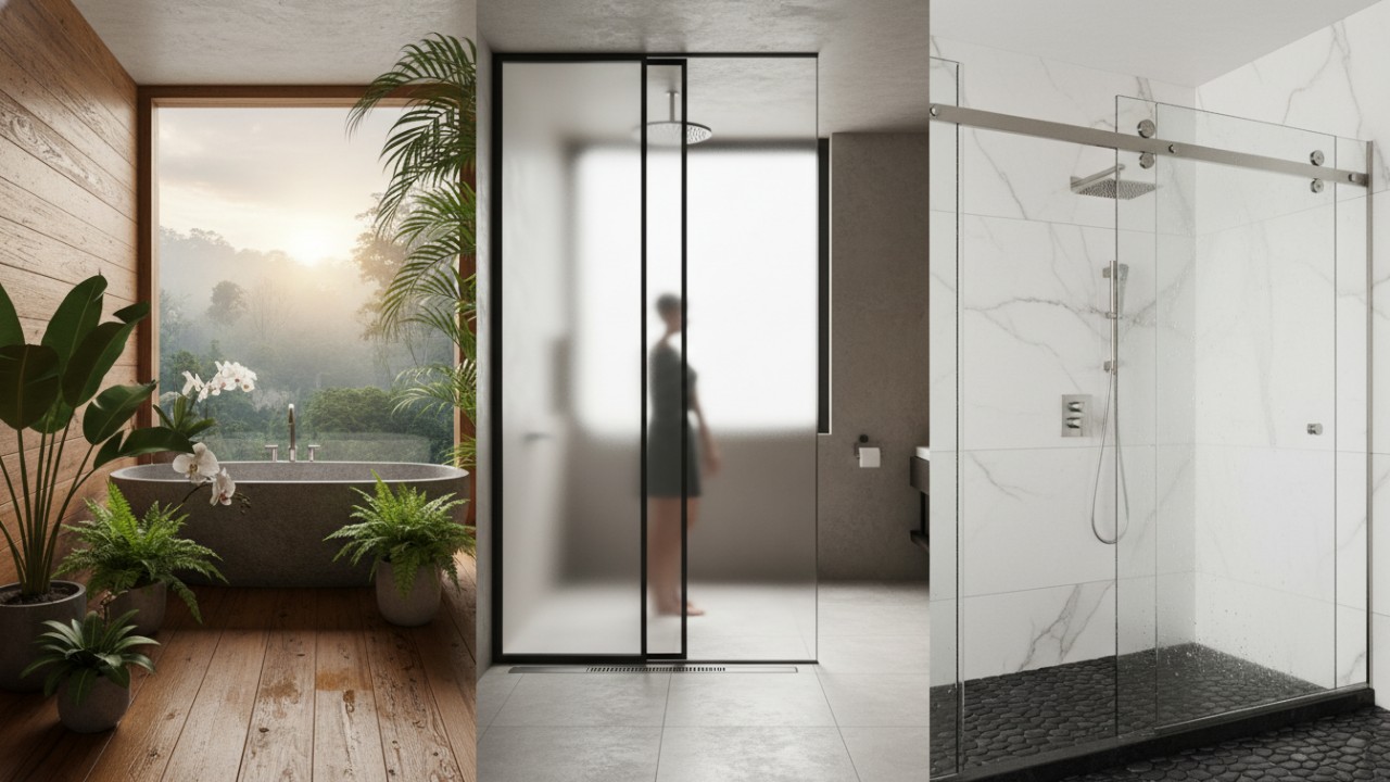 Pintu kayu solid waterproof bernuansa hangat,Aluminium dan kaca frosted untuk privasi modern.