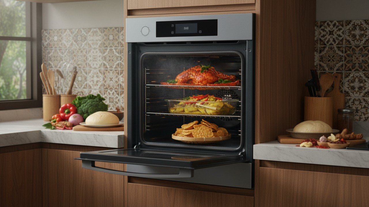 Oven rumah tangga dengan berbagai fungsi serbaguna di dapur.