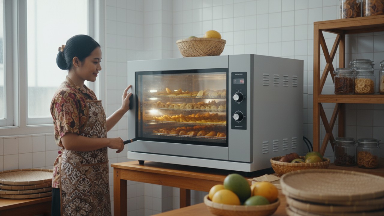 Proses pengeringan buah menggunakan oven suhu rendah.