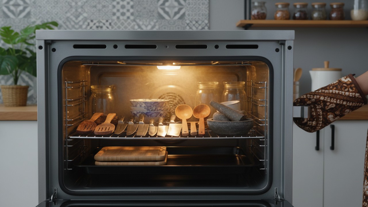 Sterilisasi peralatan dapur dengan panas oven stabil