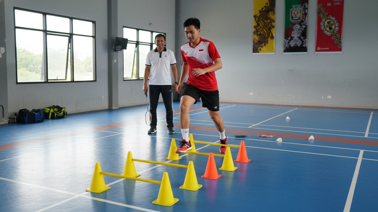 Latihan footwork badminton untuk meningkatkan kelincahan  Pemain menikmati permainan badminton dengan suasana santai dan fokus