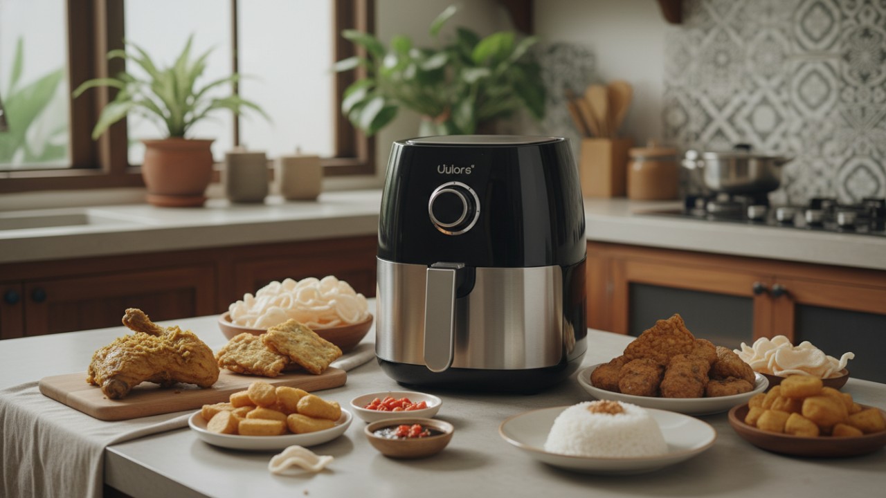 Air fryer modern sebagai alat masak praktis di dapur rumah.