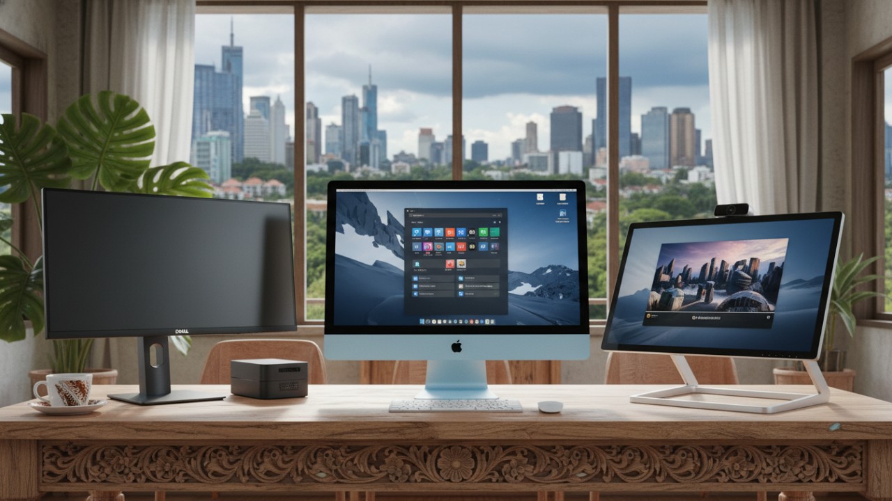 Ilustrasi tiga PC kantor terbaik 2026 dengan desain modern dan fungsional.
