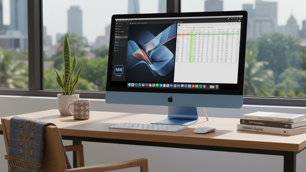 Tampilan Apple iMac 24-inch M4 di meja kerja kantor modern.