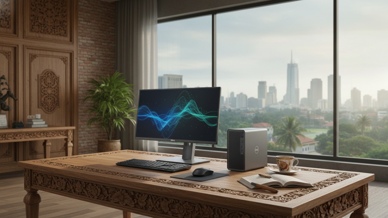 Dell OptiPlex Micro Plus 7020 terpasang rapi di ruang kerja minimalis.
