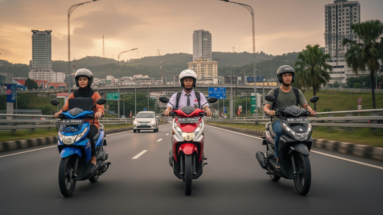 Ilustrasi motor matic populer Honda BeAT, Yamaha Mio M3, dan Suzuki Nex II di jalanan kota.