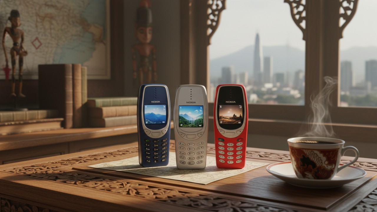 Ponsel Nokia klasik berjajar menunjukkan desain sederhana dan kokoh.