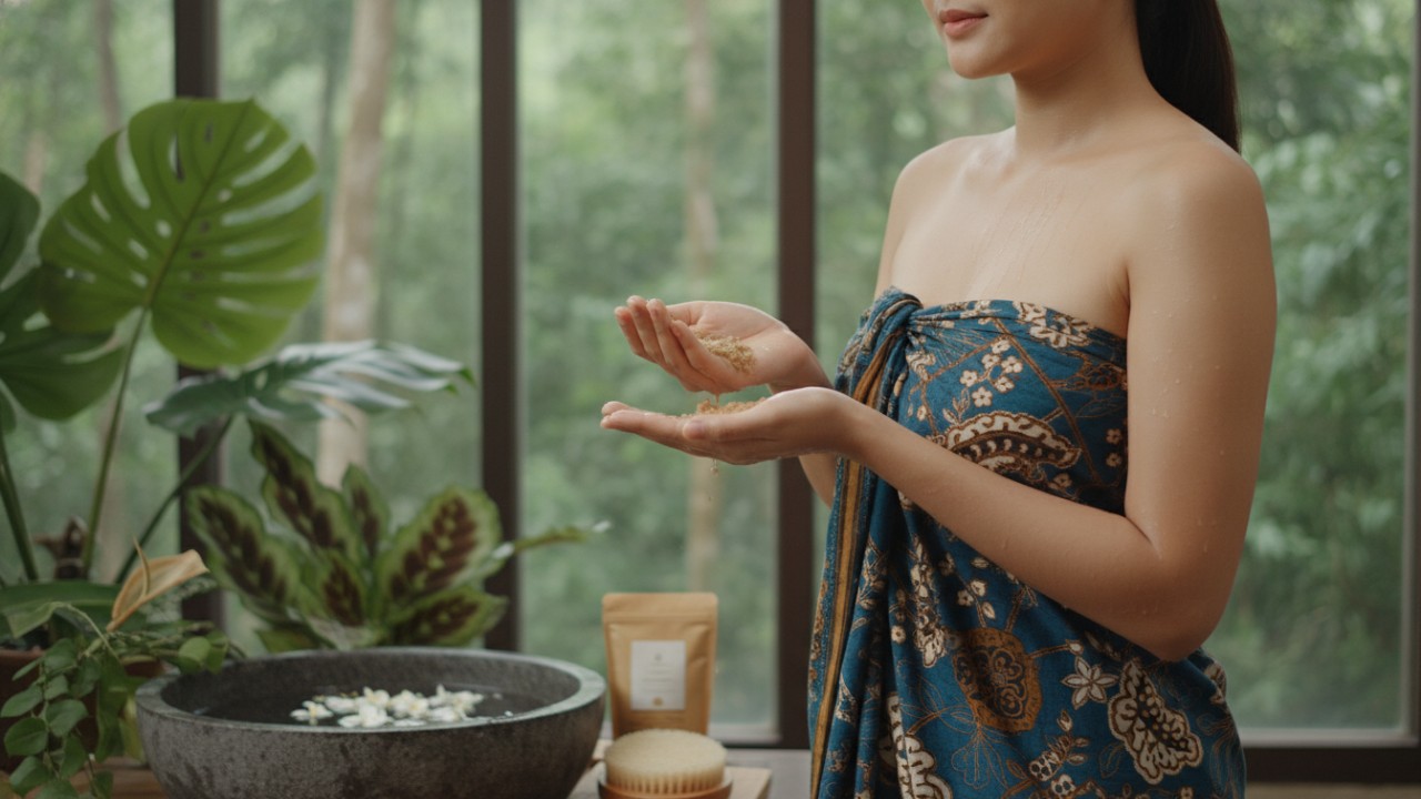 Penggunaan serum dan sunscreen pada kulit tubuh.
