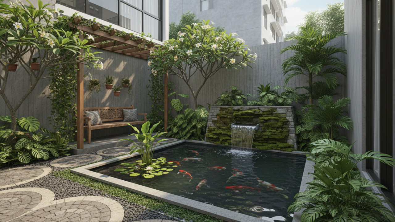 Taman mini di pojok halaman rumah kecil dengan kolam ikan menghadirkan sudut hijau fungsional di kawasan urban.
