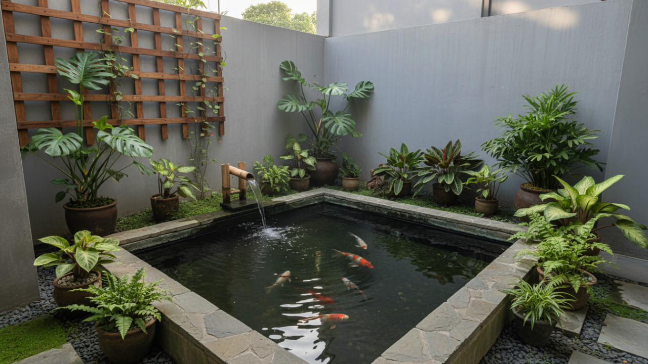 Pojok halaman rumah kota dimanfaatkan sebagai taman mini yang tertata rapi dan fungsional.