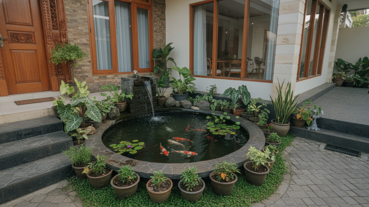 Taman mini berpadu kolam ikan sebagai elemen visual utama.