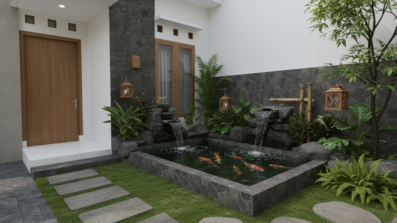 Taman dan Kolam ikan di pojok halaman rumah urban sebagai titik fokus visual alami.