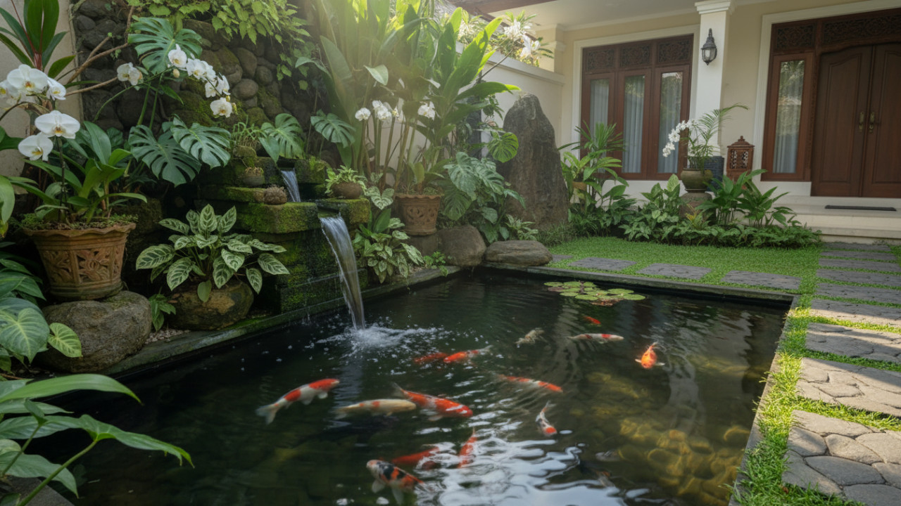 Elemen alami kolam ikan memperkaya tampilan rumah kecil.