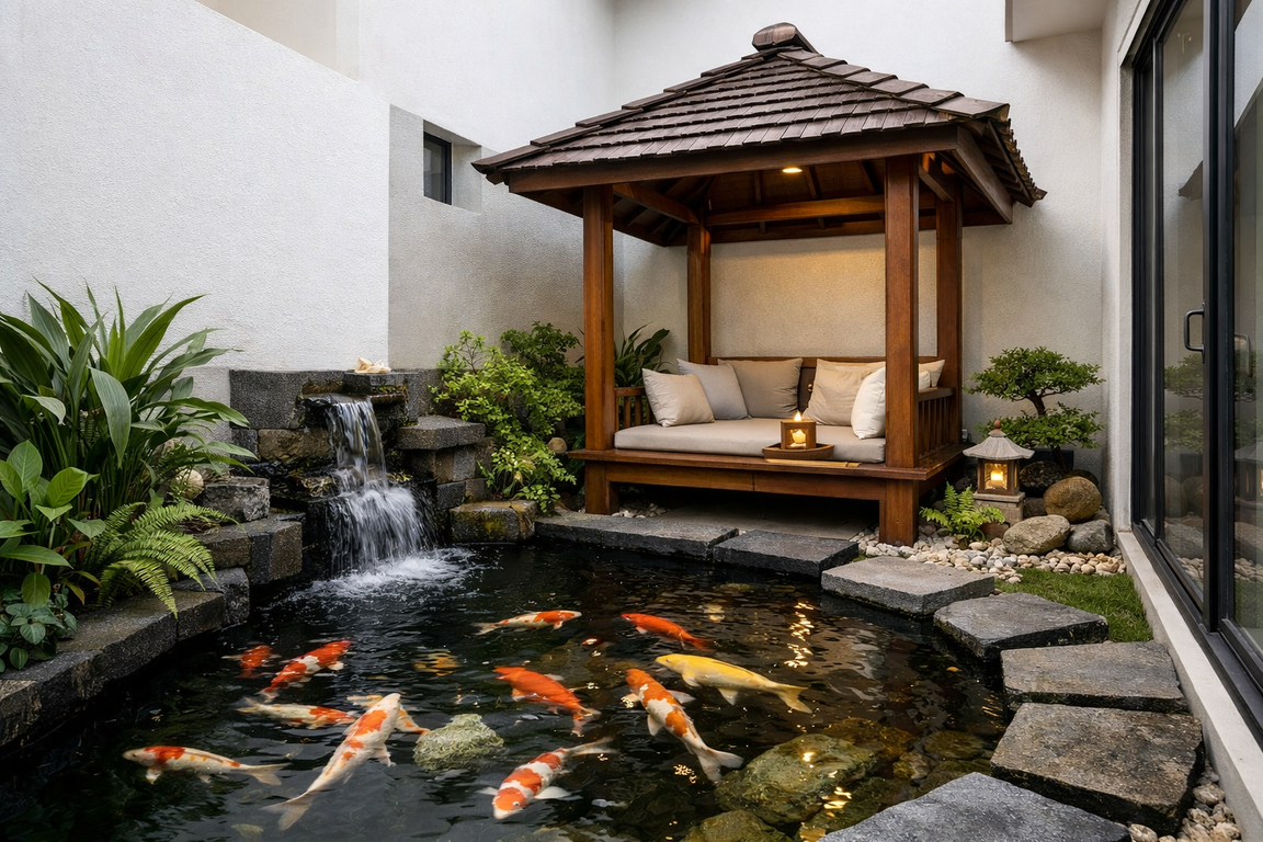 Kolam ikan dengan gazebo di sudut rumah minimalis.