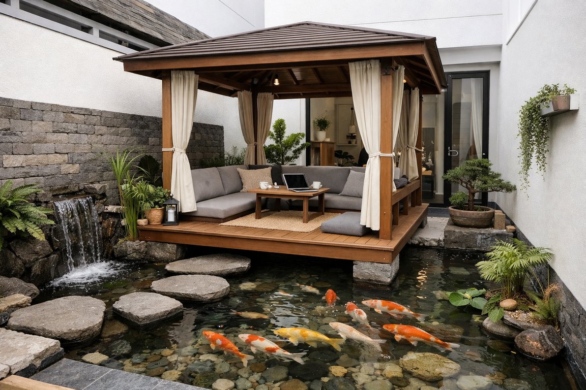Kolam ikan dangkal dengan gazebo kayu di lahan sempit rumah minimalis.