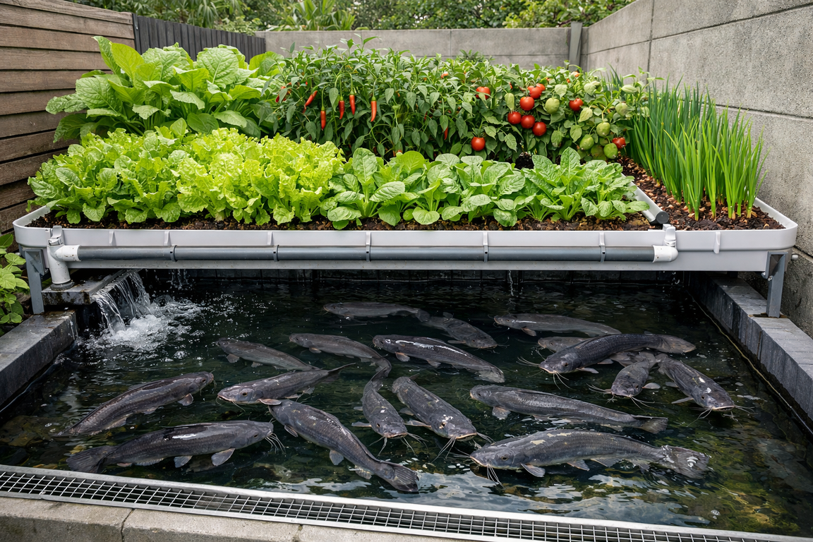 Skema kolam ikan akuaponik minimalis memanjang hemat ruang untuk lahan 1-3 meter.