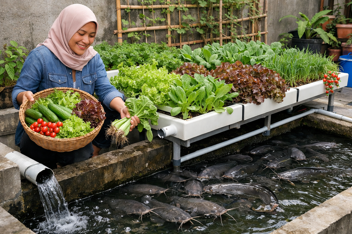 Panen sayur bertahap dari kolam ikan akuaponik minimalis di lahan sempit rumah.