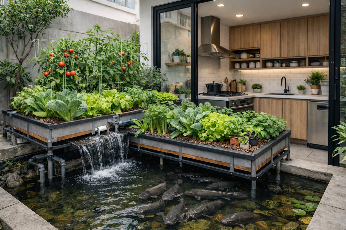 Kolam ikan akuaponik minimalis menyatu dengan dapur rumah kecil modern.
