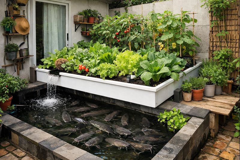 Sudut rumah kecil terasa hidup dengan kolam ikan akuaponik minimalis.