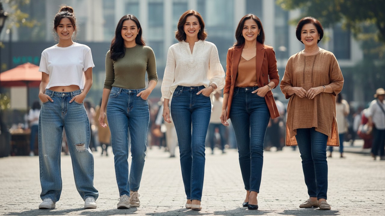 Variasi jeans dari baggy hingga high waist  Perpaduan atasan dan bawahan sesuai fase usia