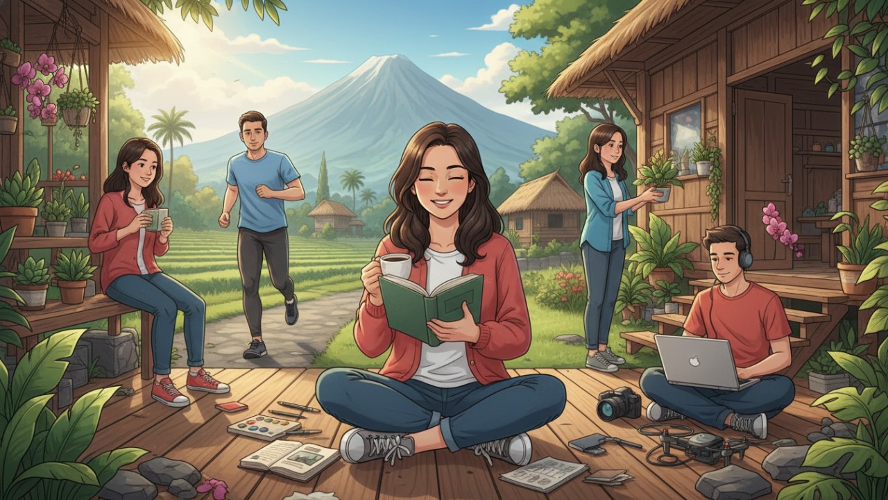 Ilustrasi aktivitas hobi yang mencerminkan proses memilih kegiatan sesuai minat dan energi.
