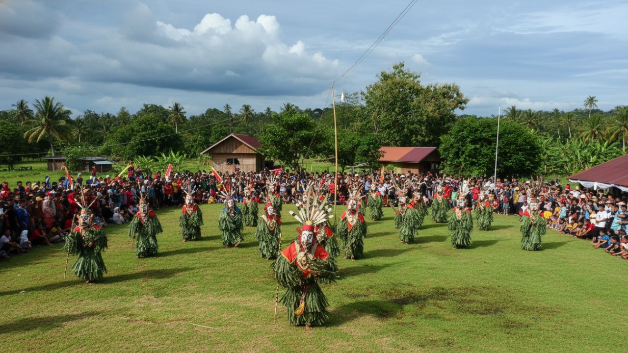 Suasana festival budaya Kutai Timur yang menampilkan tradisi adat dan keramaian masyarakat.