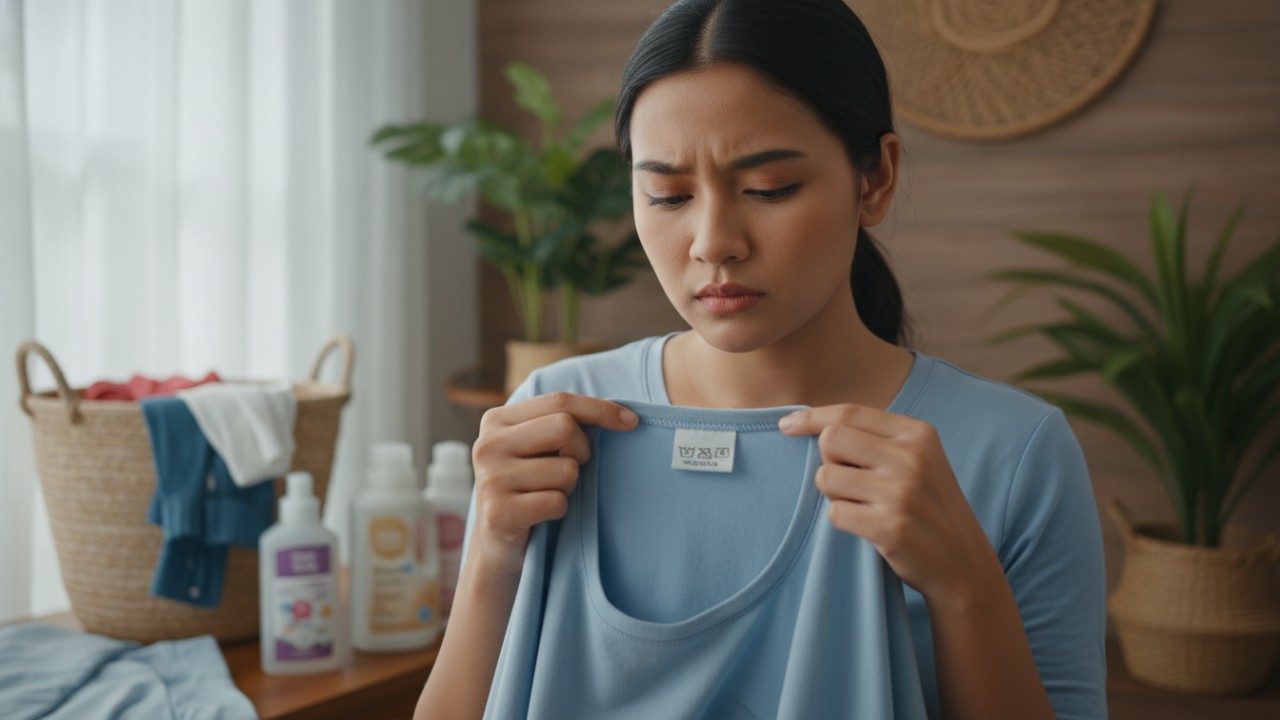 Membaca label perawatan sebelum mencuci pakaian