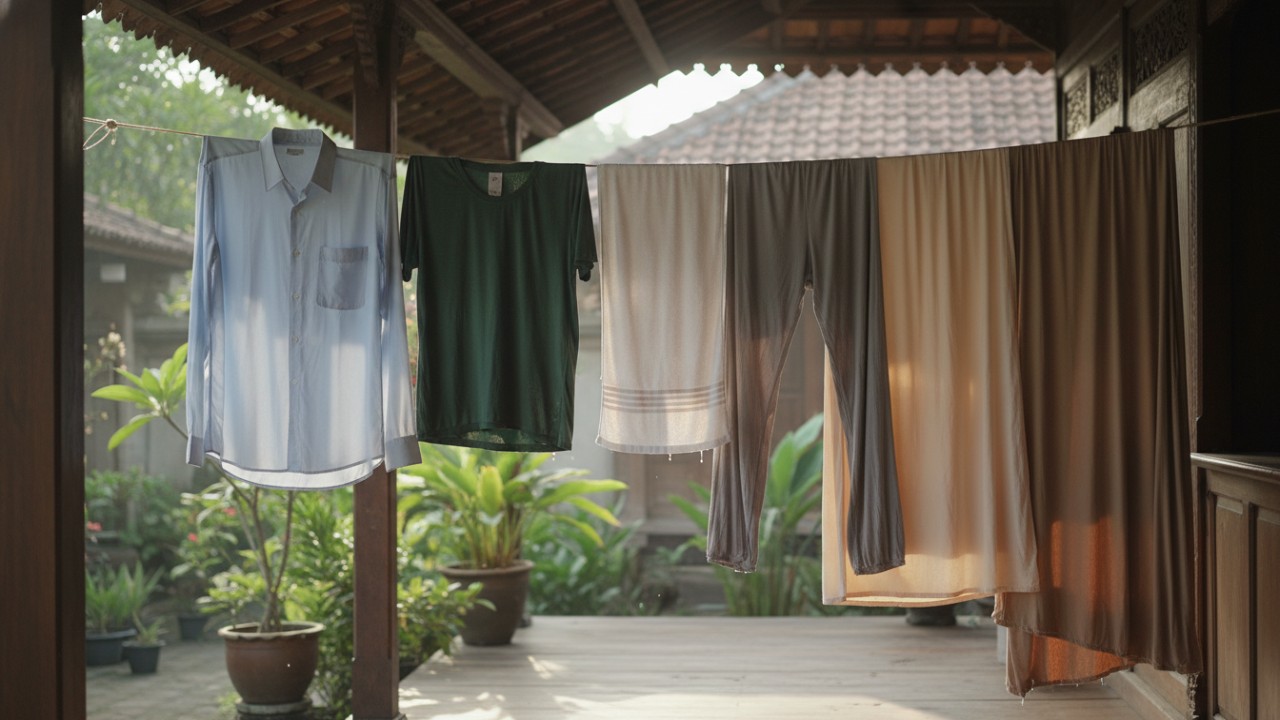 Menjemur pakaian di tempat teduh agar warna terjaga.