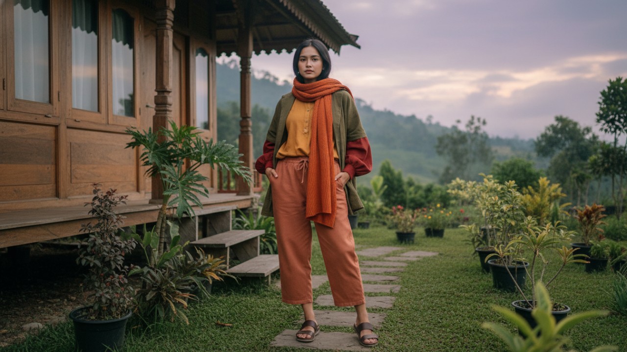 Permainan warna earth tone dan bold pada outfit kasual.