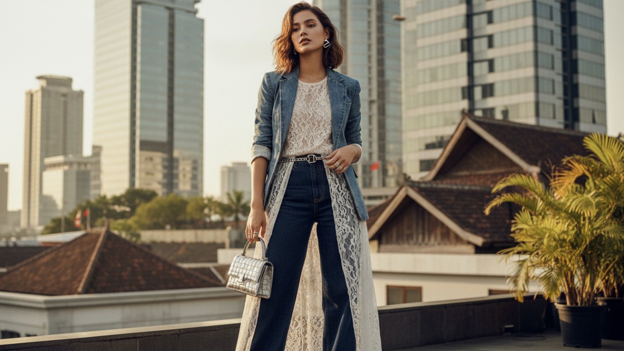 Perpaduan gaya formal dan santai dalam satu outfit.  Kombinasi tekstur denim, lace, dan aksesori minimalis.  Detail aksesori sebagai penunjang gaya fashion 2025.
