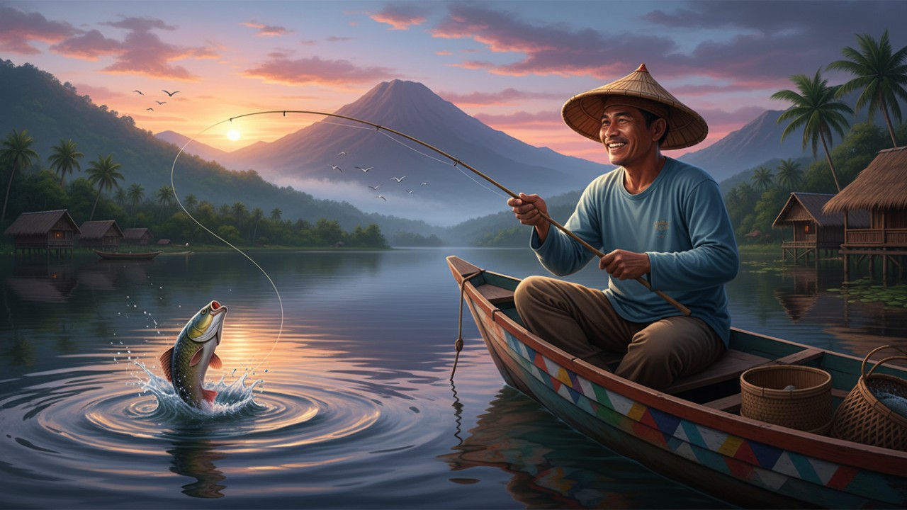 Ilustrasi aktivitas memancing sebagai pengisi waktu luang yang menyenangkan