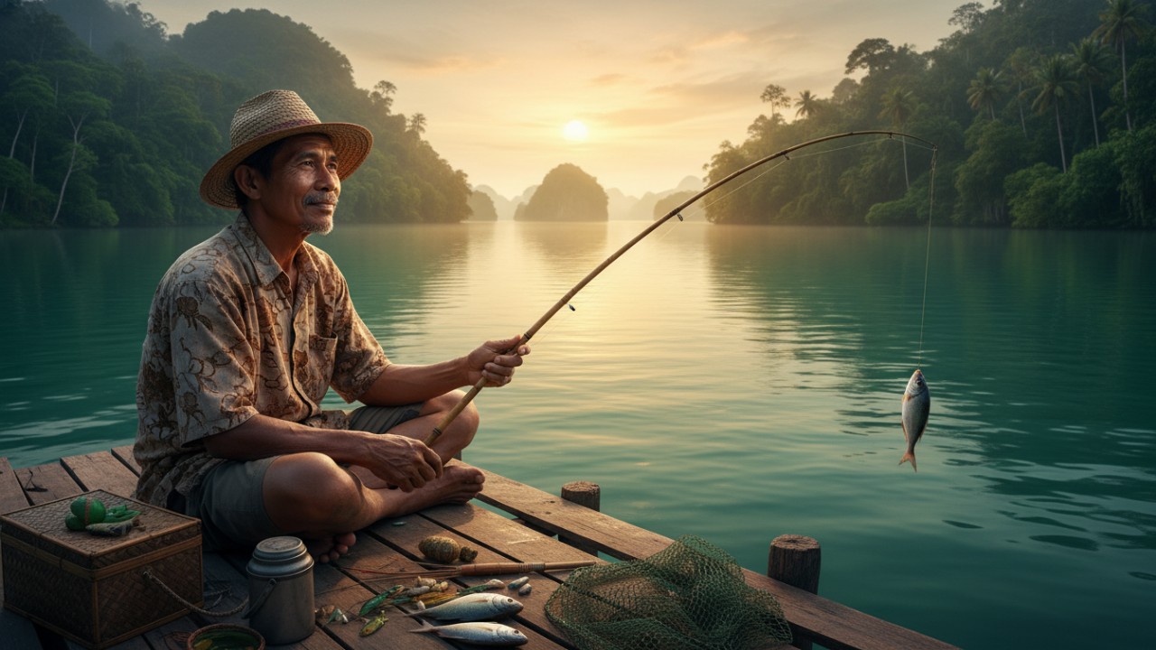 Ilustrasi aktivitas memancing dengan berbagai teknik dasar di perairan laut dan tawar.