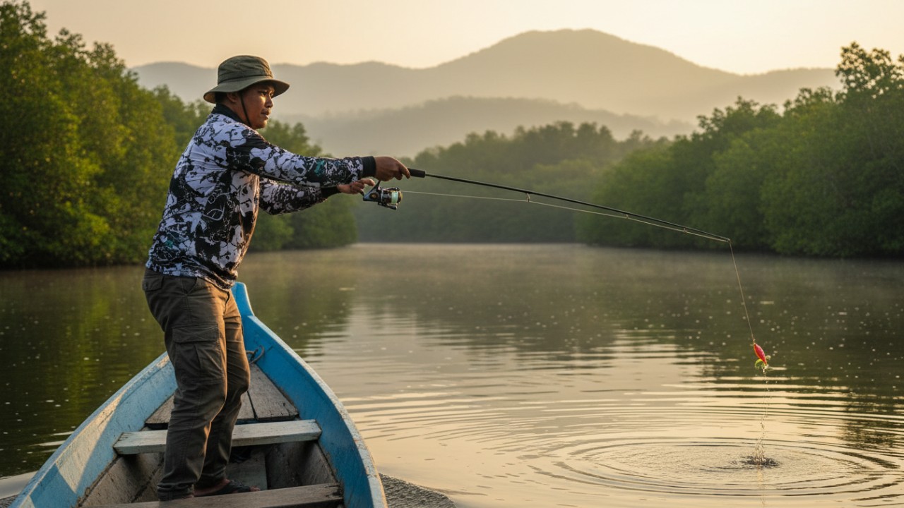 Pemancing melakukan teknik casting di tepi perairan