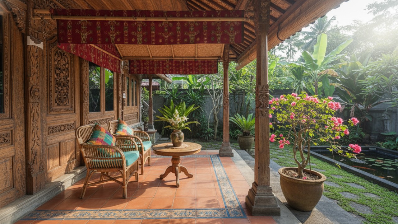 Teras dengan kanopi mungil dan furnitur ringkas.