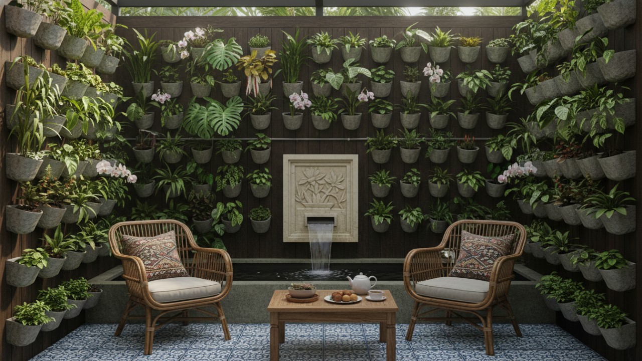 Vertical garden pada teras rumah kecil.