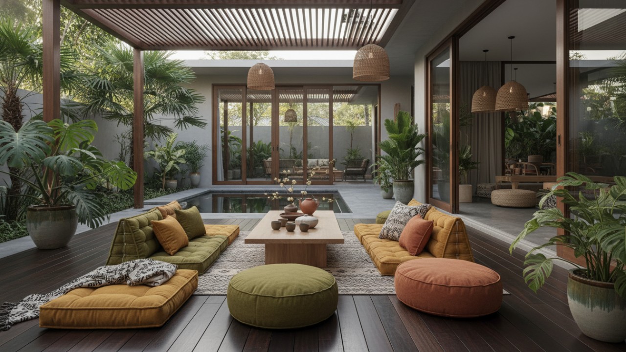 Teras lesehan modern dengan bantal duduk.