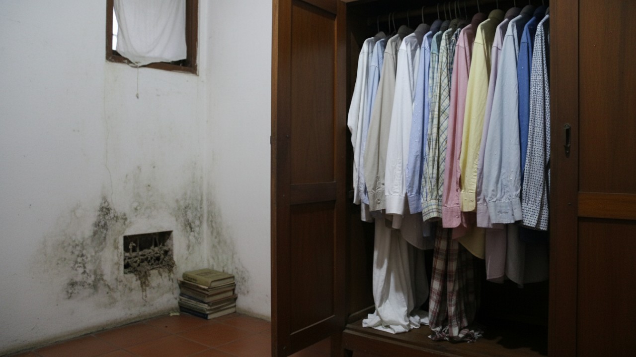 Pakaian lembap tersimpan di lemari.  Ventilasi udara rumah yang minim.