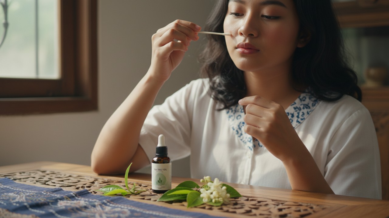 Aplikasi tea tree oil pada titik bruntusan.