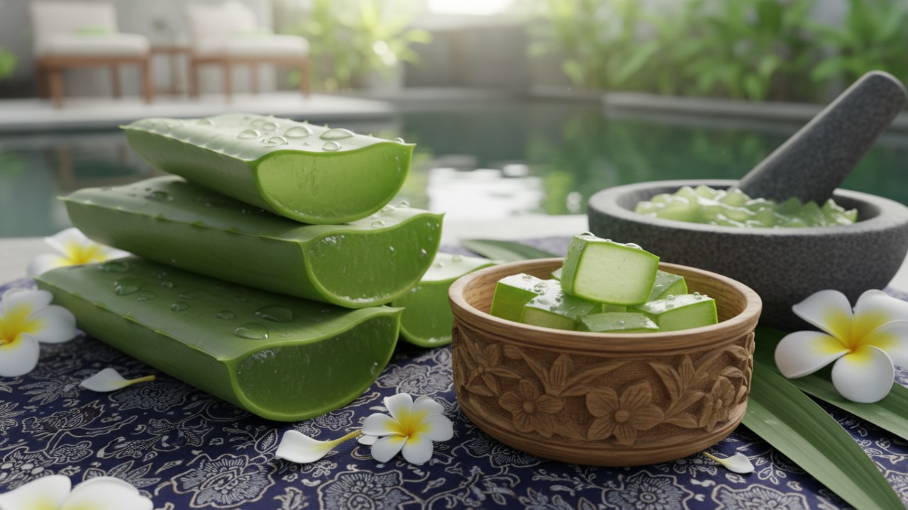 Gel lidah buaya dioleskan untuk menjaga kelembaban kulit.