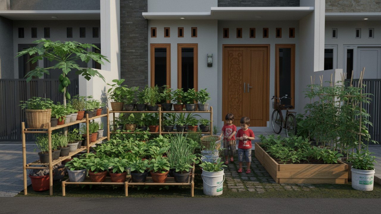 Halaman rumah kota yang disulap menjadi kebun produktif dengan tanaman pangan bernilai Cuan