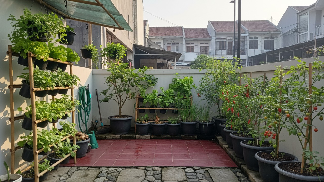Rak vertikal tanaman sayuran di halaman rumah perkotaan.