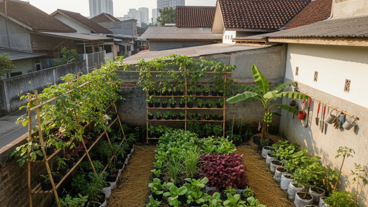 Penataan bedeng mini di lahan rumah yang terbatas sebagai solusi keterbatasan lahan.
