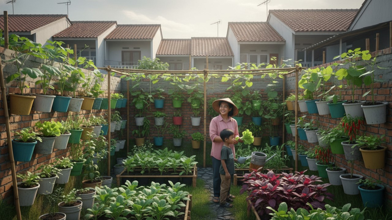 Aktivitas keluarga merawat kebun halaman belakang rumah.