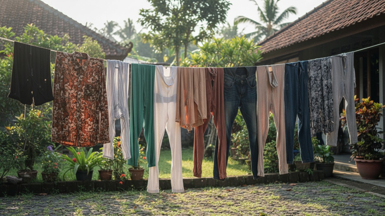 Jarak antar pakaian terlihat renggang untuk sirkulasi udara optimal.