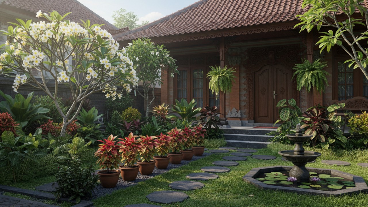 Ilustrasi taman depan rumah dengan kombinasi tanaman hias daun dan bunga yang tertata rapi dan menarik.